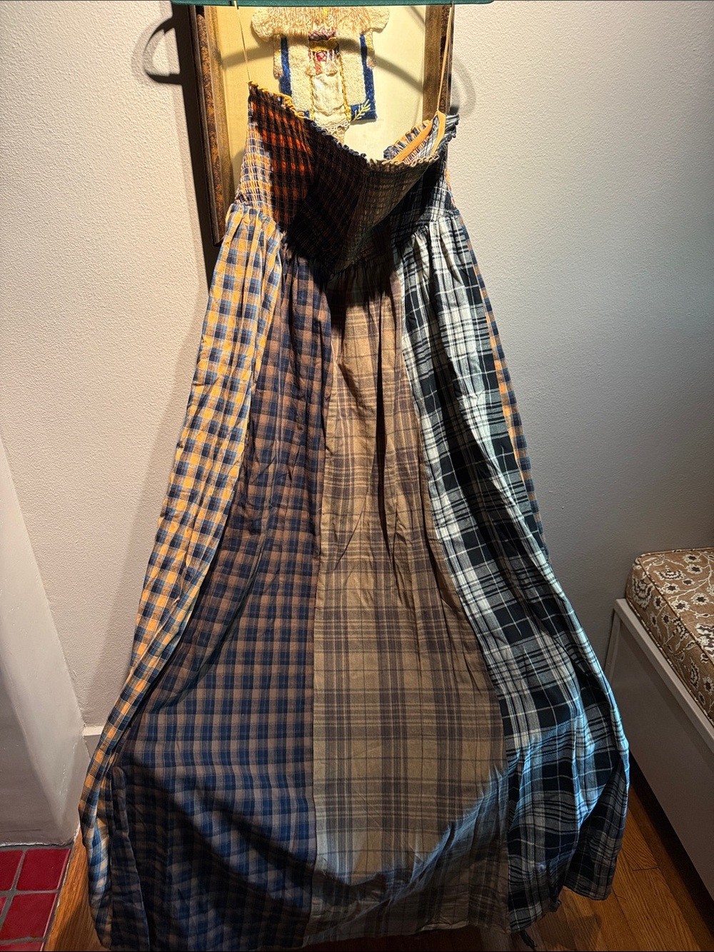 AKIRA Patchwork Plaid Maxi Dress in Blue, Tan & Black